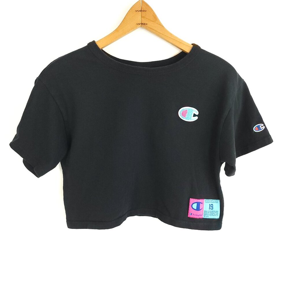 Champion Cropped T-Shirt Women's Small Black Reverse Weave